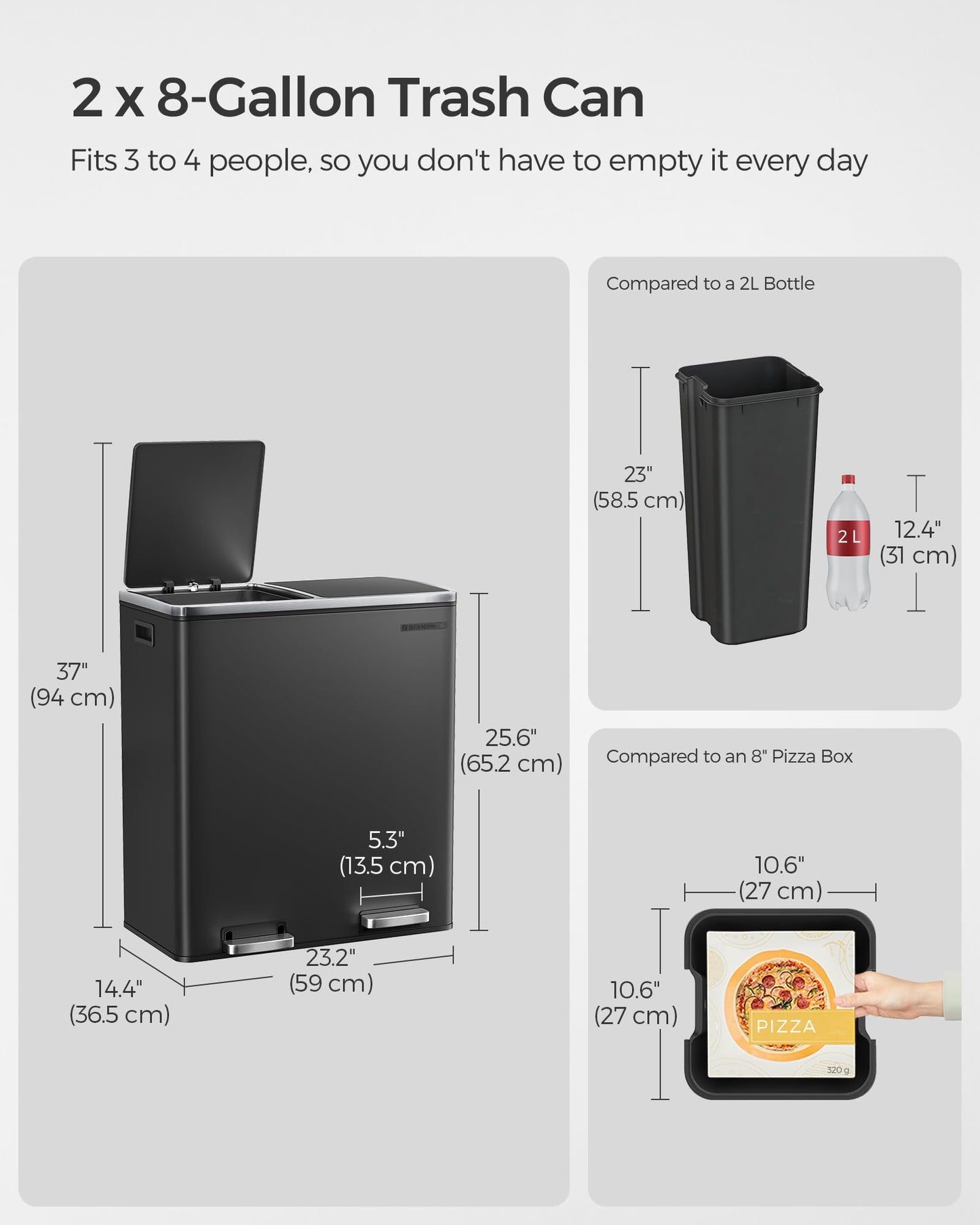 SONGMICS Trash Can, 2 x 8 Gallon (2 x 30 L) Garbage Can for Kitchen, with 15 Trash Bags, 2 Compartments, Plastic Inner Buckets and Hinged Lids, Airtight, Black ULTB60BK