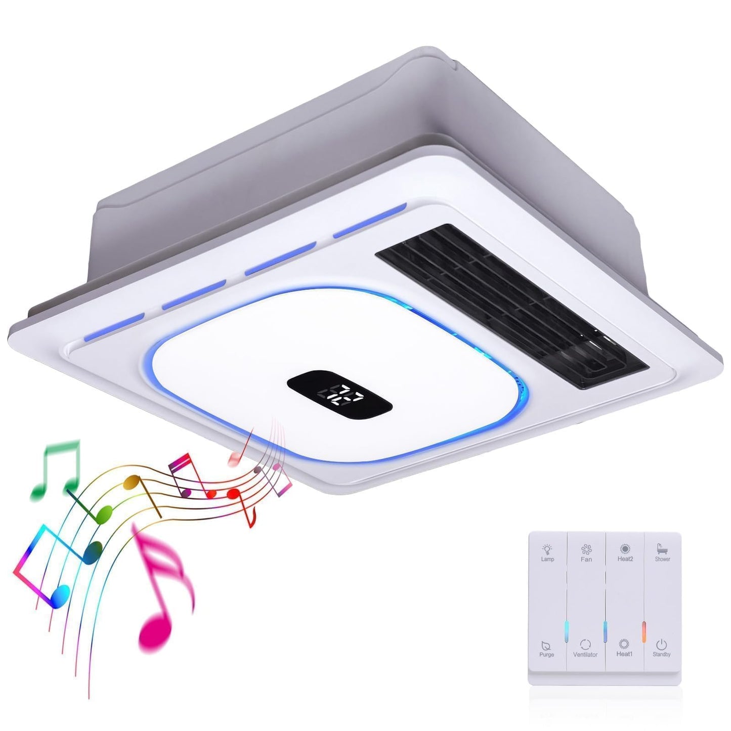 4 In 1 Bathroom Exhaust Fan with Light & Heater 1800W, 180 CFM Ventilation 1.0 Sone Bathroom Exhaust Fan with Bluetooth Speaker, 2 Heat Levels, 4 RGB Modes, Remote Control, Ceiling Mount for Bathroom