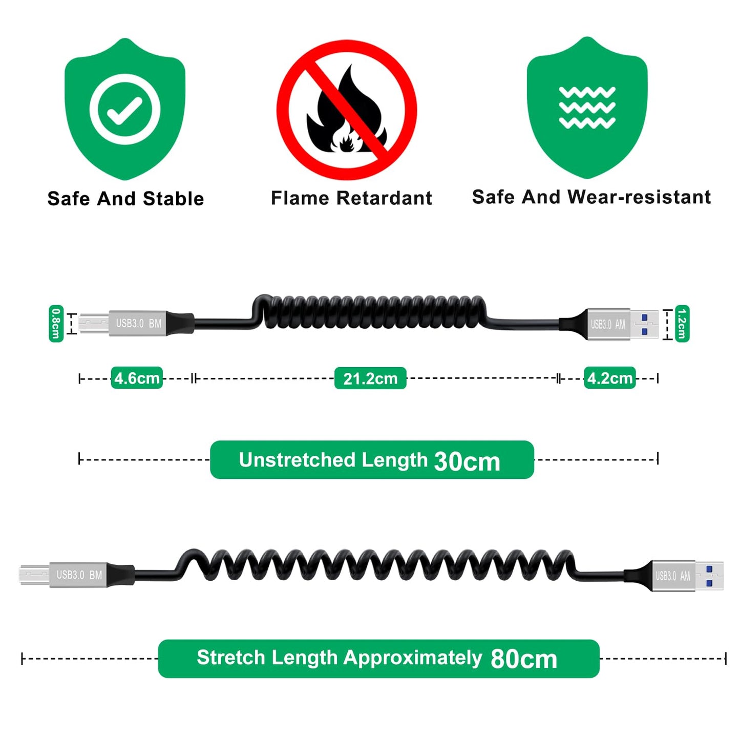 3.0 0.8 Coiled Printer Cable USB B to USB A Super USB Type A to B Male Cable for Scanner, External Hard Drives