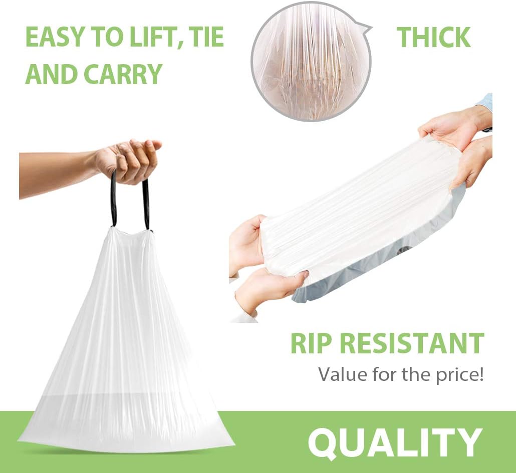 Teivio Strong Drawstring Trash Bags - 1.6 Gallon, 120 Counts | Durable White Liners for Home & Office