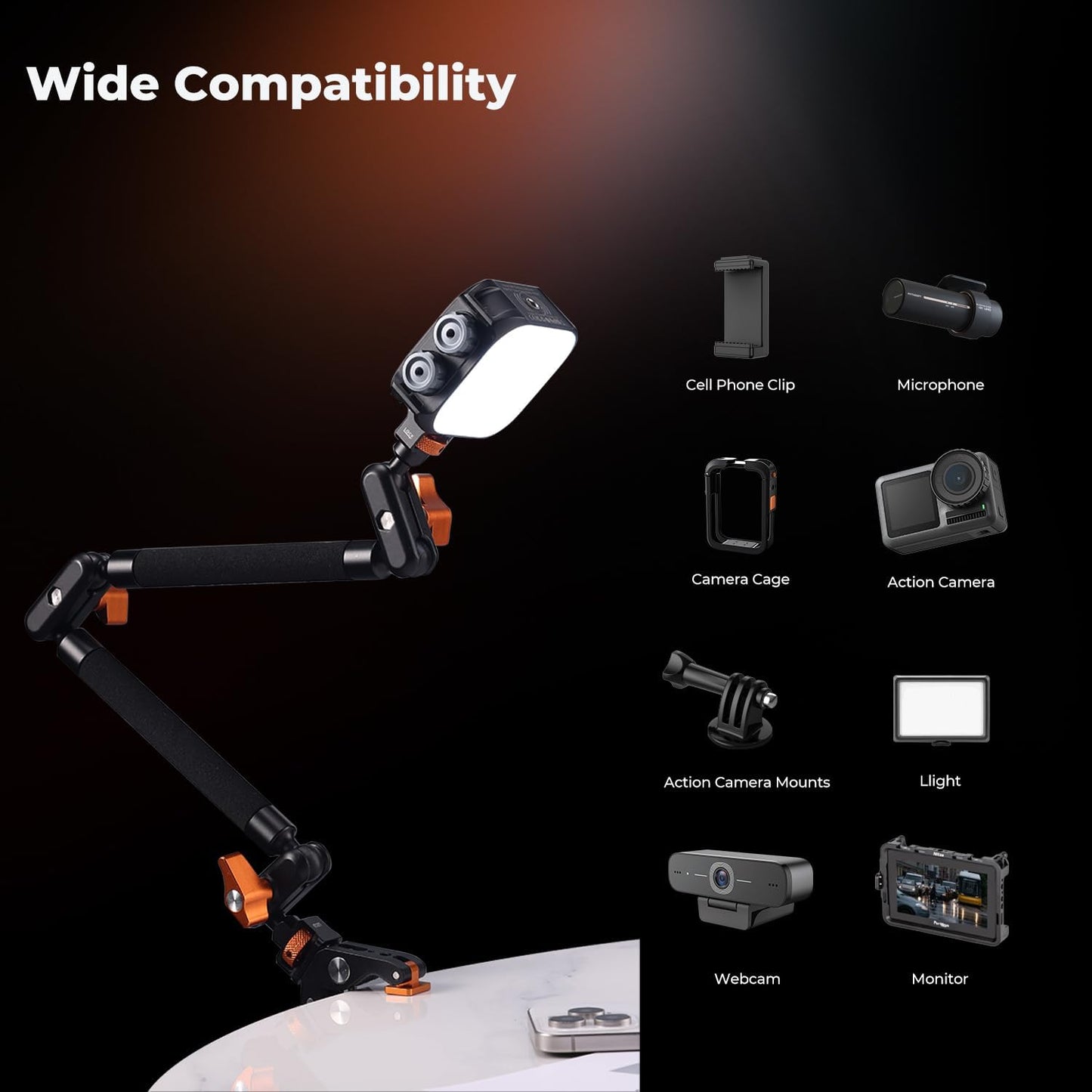 K&F CONCEPT 22" Magic Arm Clamp Kit, Overhead Desk Camera Mount, Long Articulating Friction Boom Arm for Phone, Action