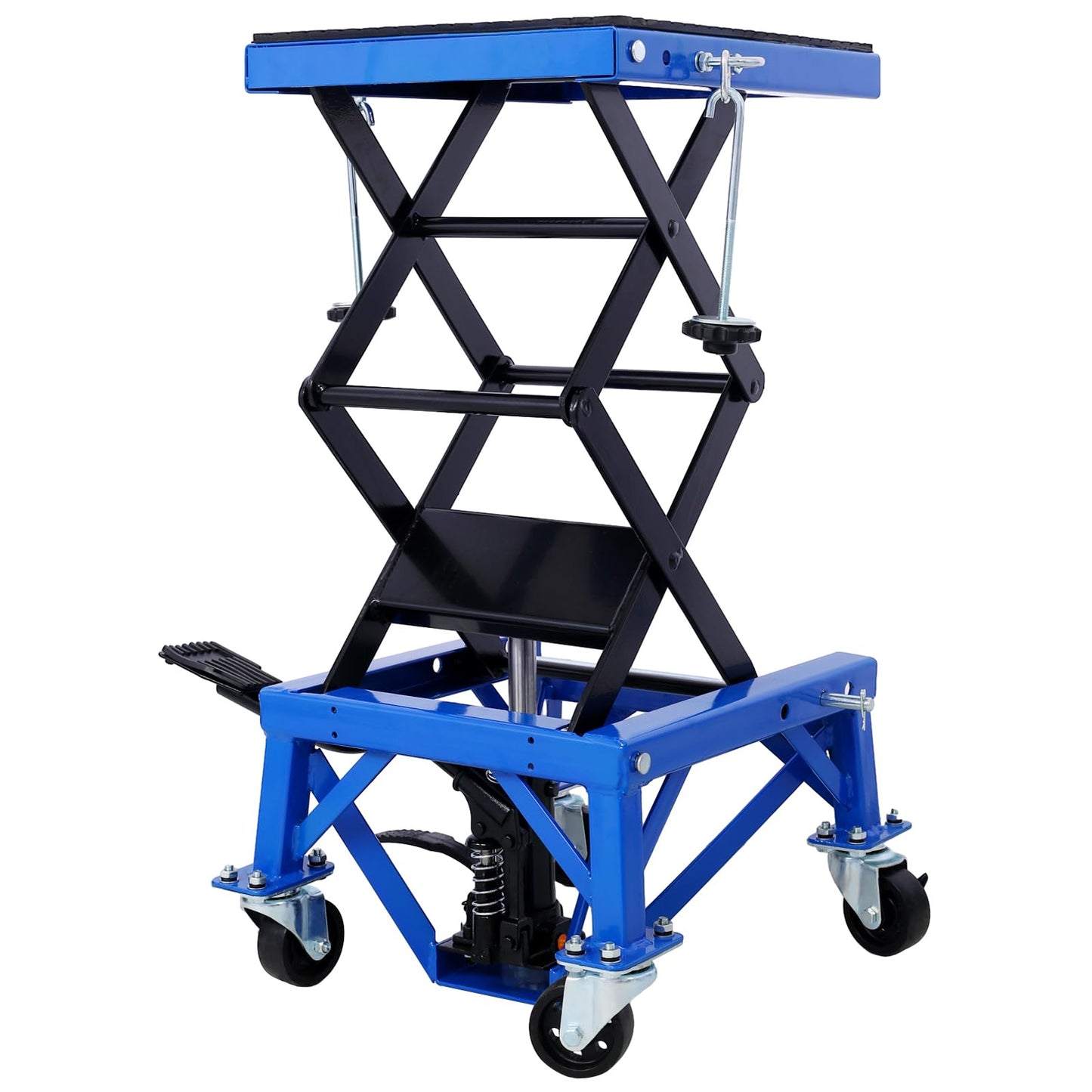 YOPTO Hydraulic Motorcycle Lift Table,300 lbs Capacity Motorcycle Scissor Jack Lift with Wide Deck,Motorcycles Stand W/ 4 Wheels,Hydraulic Foot-Operated Jack Stand for Small Dirt Bikes,Blue