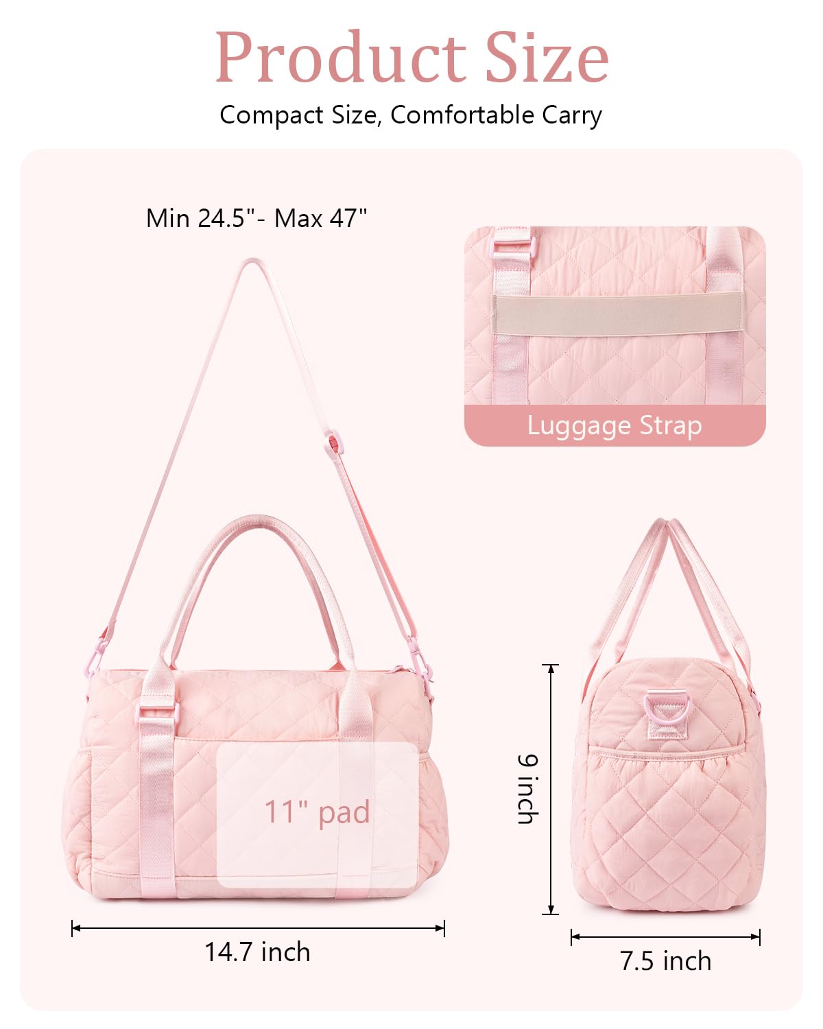 KUIRAN Gym Bag for Women with Yoga Mat Holder, Small Mini Gym Tote Bag Puffy Quilted Lightweight Sports Duffel Bag with Wet Compartment for Dance Yoga Workout Travel - Pink