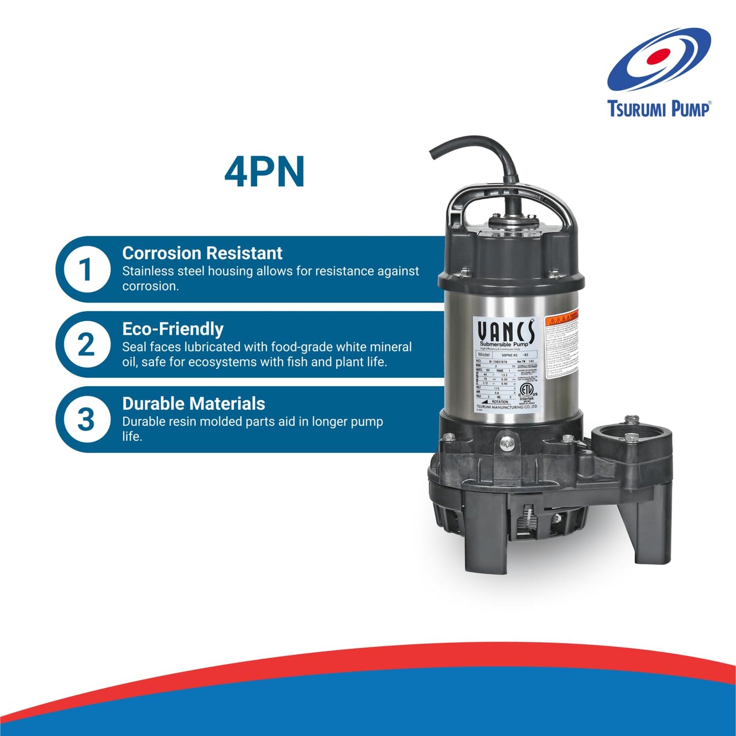 Tsurumi 4PN 1/2hp, 115V Pond & Waterfall Pump, Stainless Steel, 4740 GPH