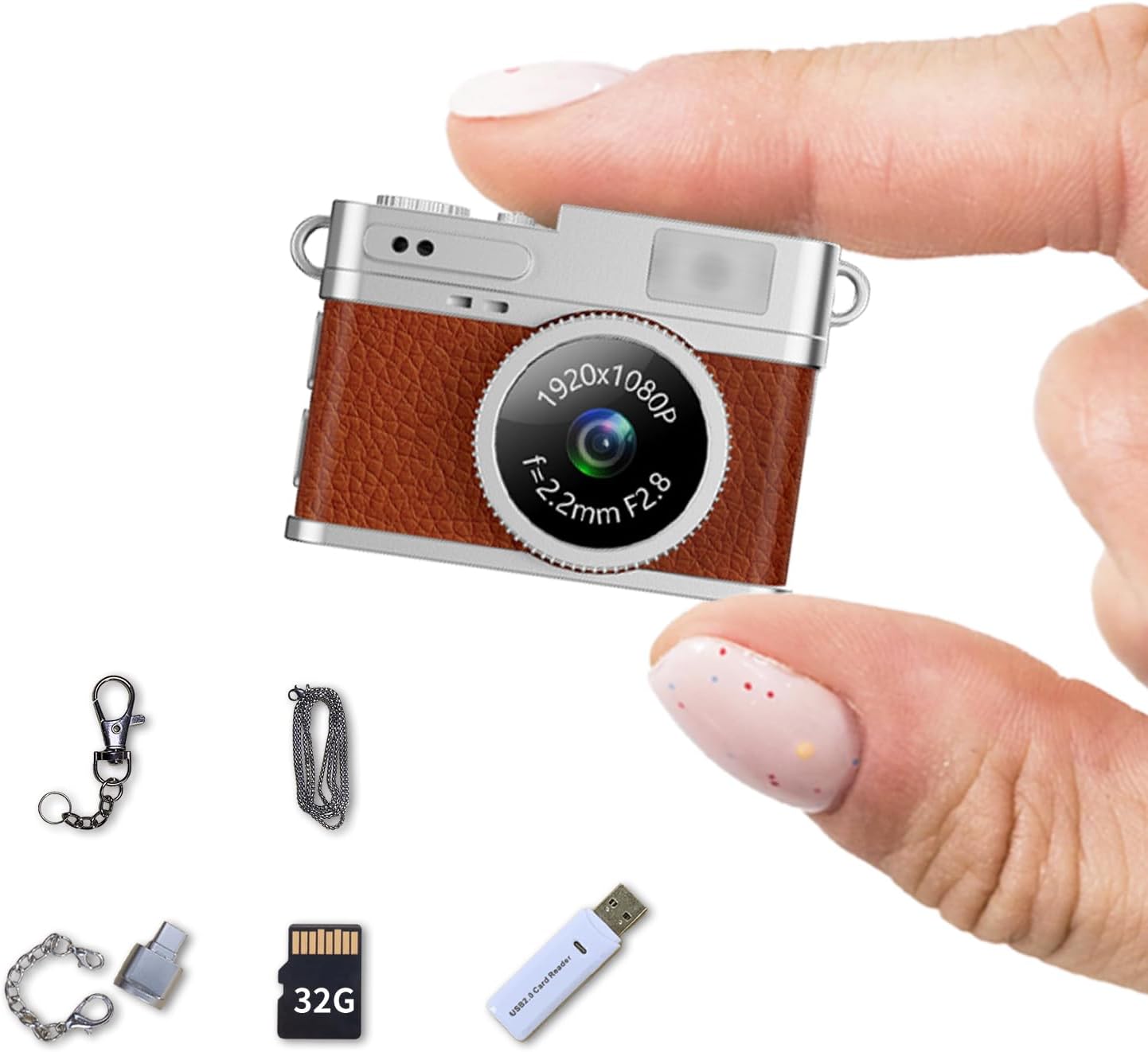 LKT 1080P 32GB Mini Keychain Camera with Card & OTG Adapter, Portable Pocket Digital Camera with Retro Filters
