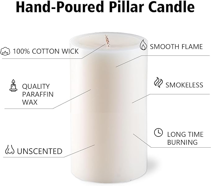 Pillar Candles White, Unscented Pillar Candles Bulk, 2.8x6 inch | 75 Hours Burning | Set of 6, Dripless and Smokeless Tall Pillar Candles, for Dinner Table, Wedding, Spa, Aromatherapy, Party