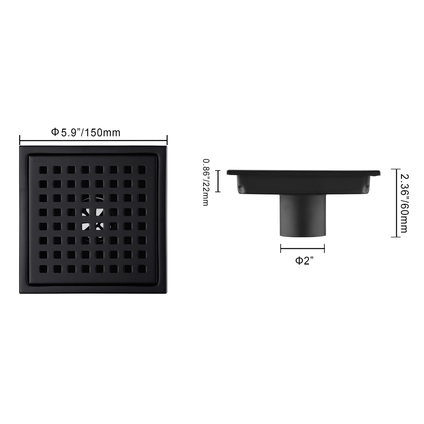 6 inch Stainless Steel Shower Floor Drain with Threaded Adapter, Removable Grid Cover, Black