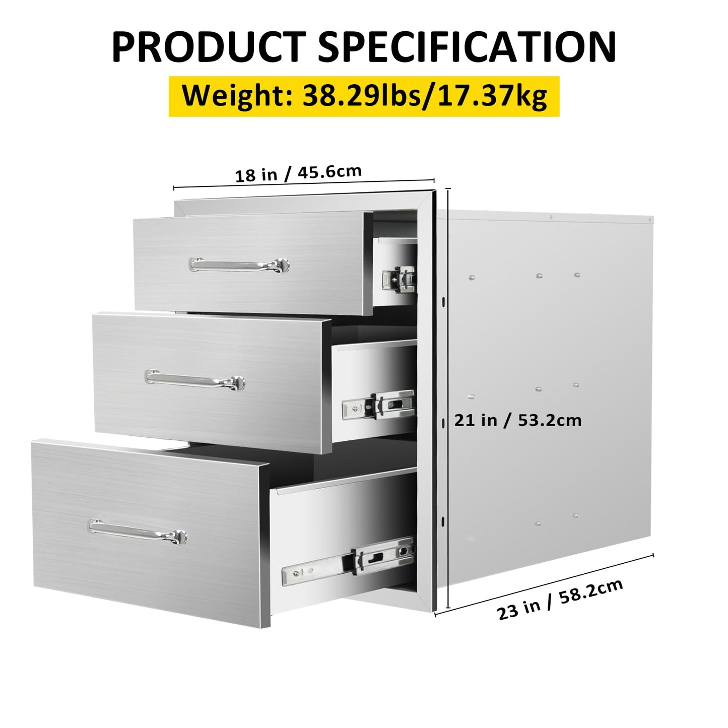 SGOLAN Outdoor Kitchen Drawers 18" W x 21" H x 23" D Flush Mount Triple BBQ Drawers with Chrome Handle Stainless Steel Drawer for Outdoor Kitchen Island, Patio Grill Station