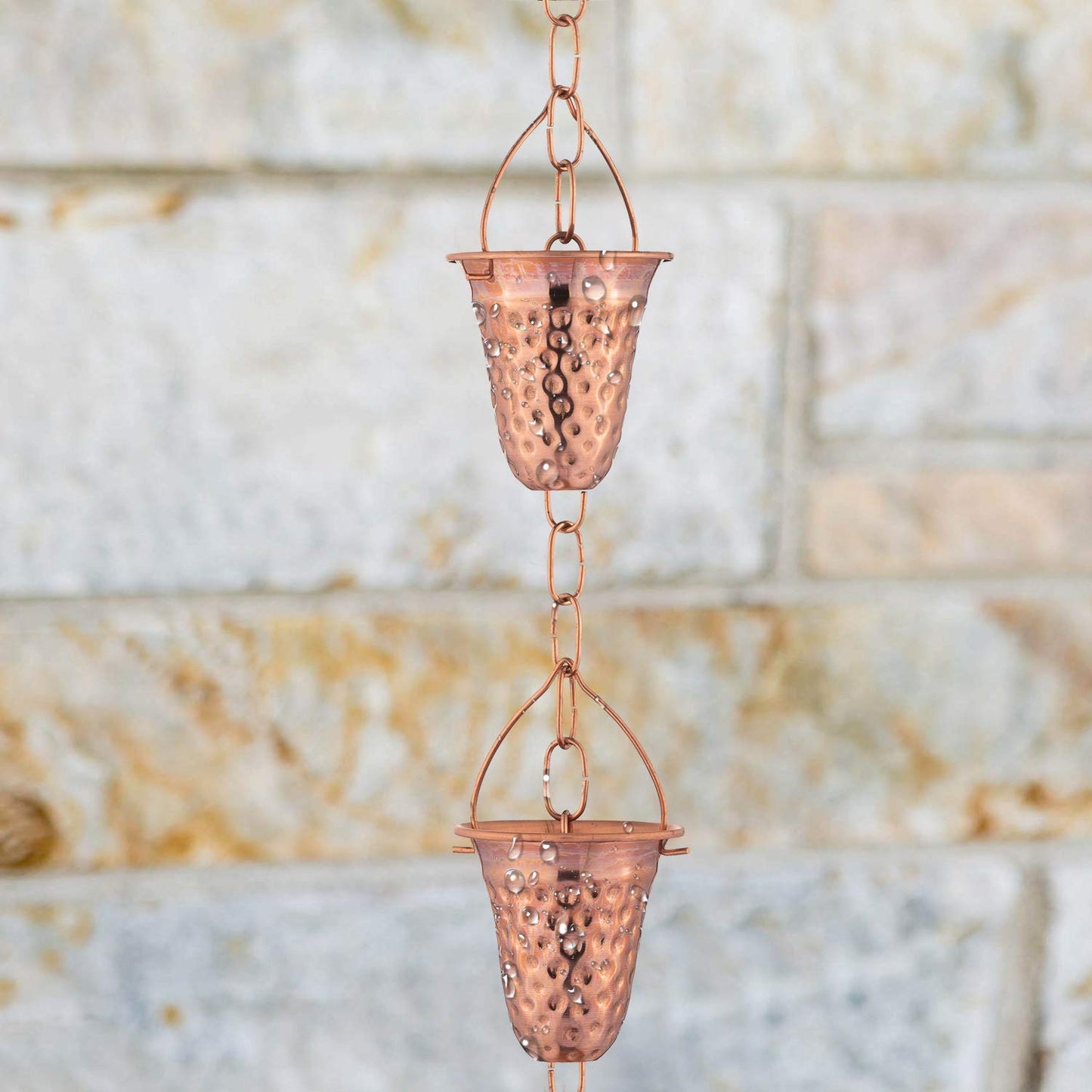 Marrgon Copper Rain Chain w/Gutter Adapter & Anchoring Basin – Decorative Chimes & Cups Replace Gutter Downspout & Divert Water Away from Home for Stunning Fountain Display – 6.5’ Long
