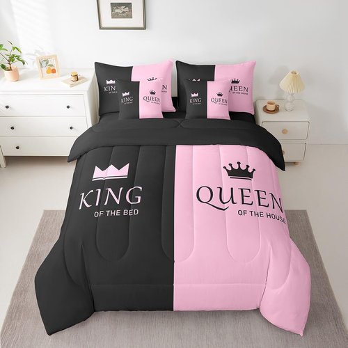 Feelyou Crown Queen King Bed Set King Size, Pink Black 7 Piece Bedding Set Crown His Hers Bed in a Bag Kids Romantic Valentine's Day Bed in a Bag with Comforter, Sheets, Pillowcases & Cushion Cover