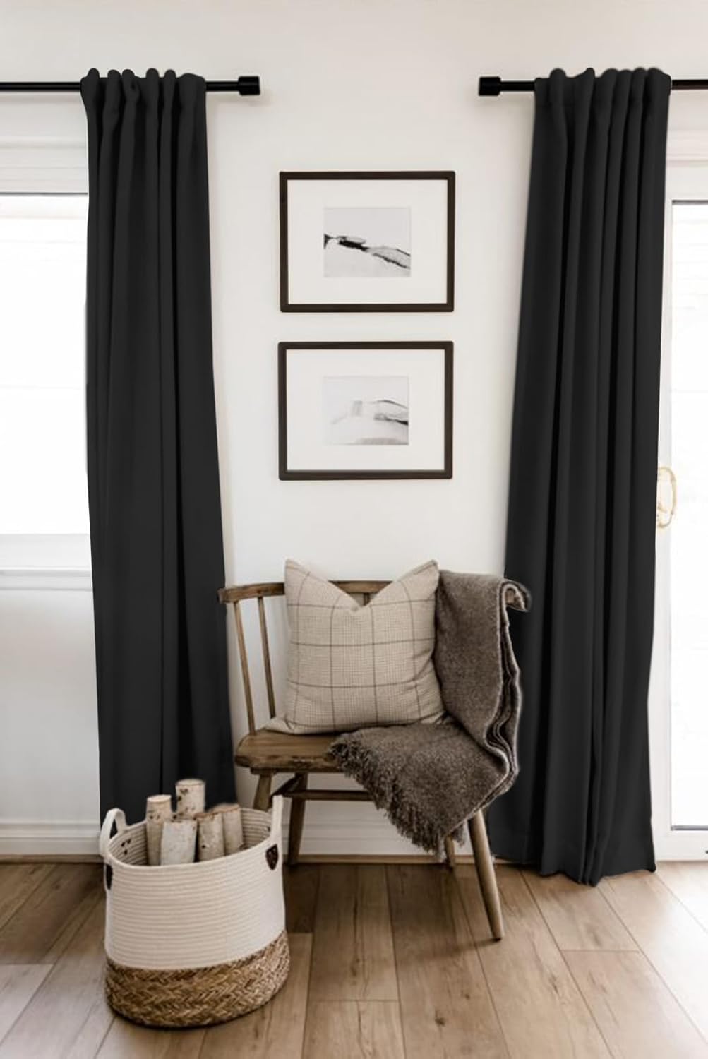 Skiennix 100% Blackout Linen Curtains - Thermal Insulated Drapes for Bedroom | 84" Long, Black, 2 Panels Set