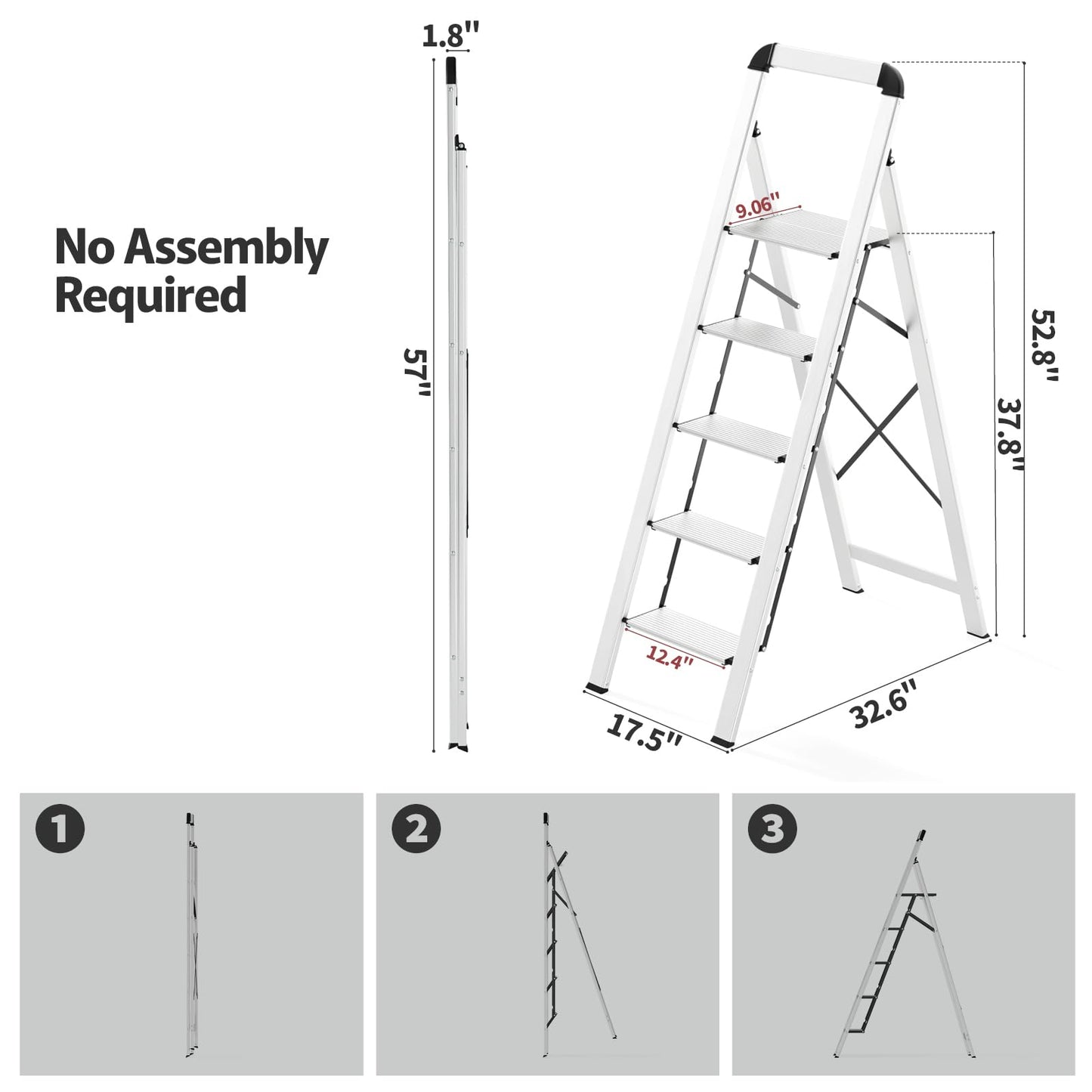KINGRACK Aluminium 5 Step Ladder, Lightweight Step Stool with Non-Skid Pedals, Handrail, Foldable Step Ladder for Kitchen, Garage, Home, Space Saving, Sturdy and Portable, Silver