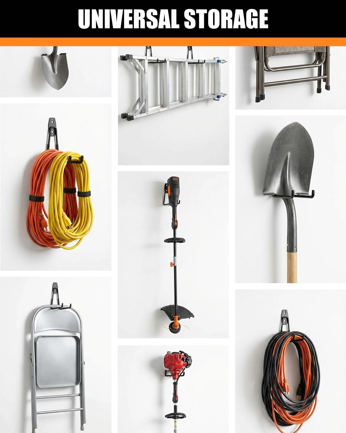 WMK Heavy Duty Garage Hooks - 7.3'' Wall Mount Utility Hooks for Tools & Bikes | 6 Pack (Orange)