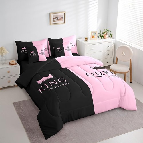 Feelyou Crown Queen King Bed Set King Size, Pink Black 7 Piece Bedding Set Crown His Hers Bed in a Bag Kids Romantic Valentine's Day Bed in a Bag with Comforter, Sheets, Pillowcases & Cushion Cover
