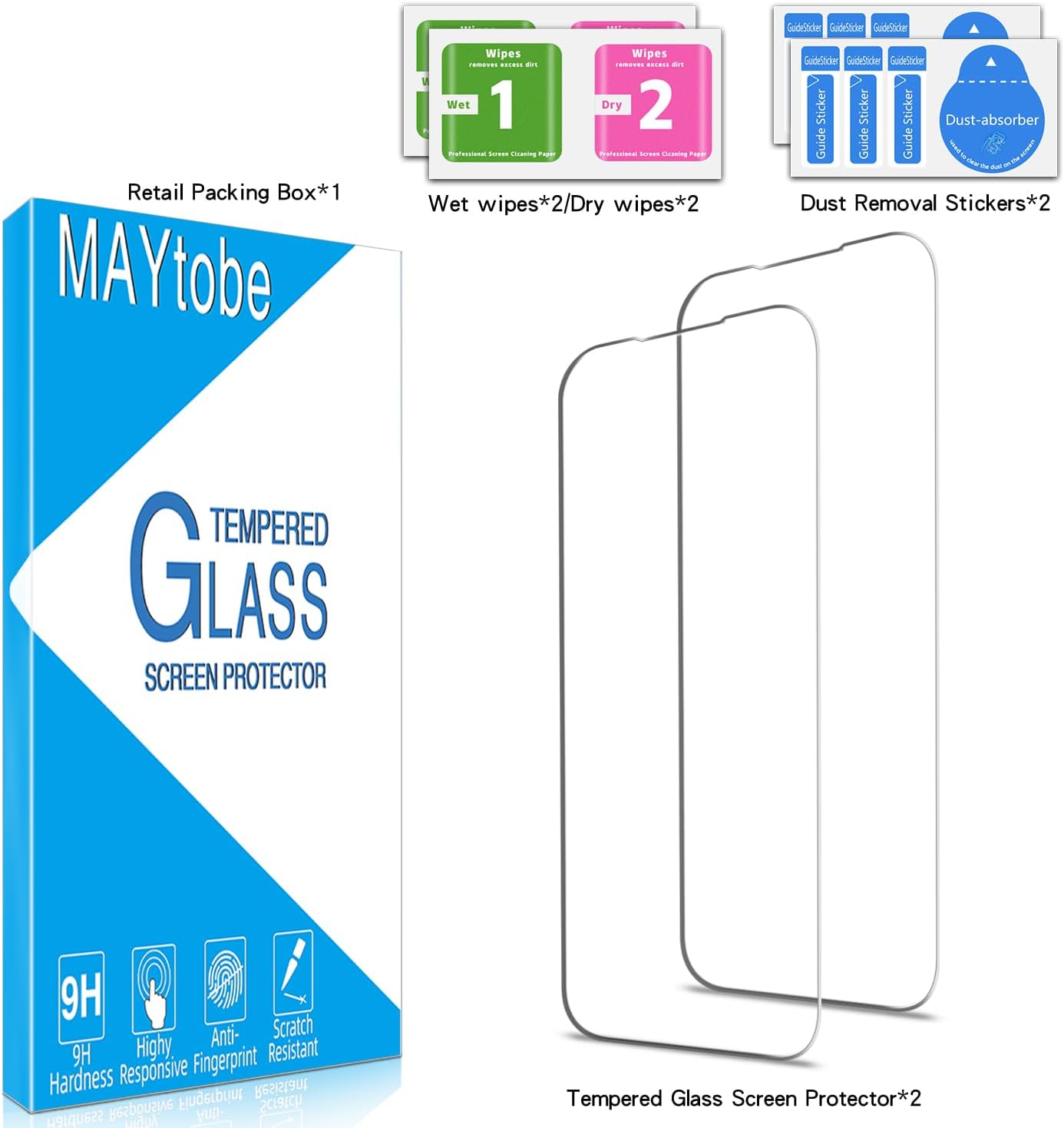 [2 Pack 15 MAYtobe Designed for iPhone Screen Protector Tempered Glass, Case Friendly, Bubble Free, Easy to Install