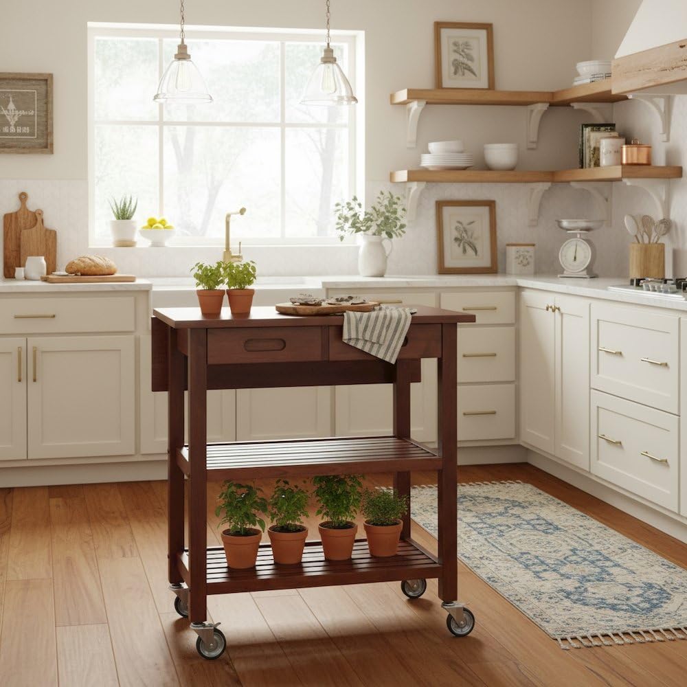 Furnifact Kitchen Cart, Drop Leaf Extension, Slatted Shelf, 2 Locking Casters, Solid Composite Wood, Brown
