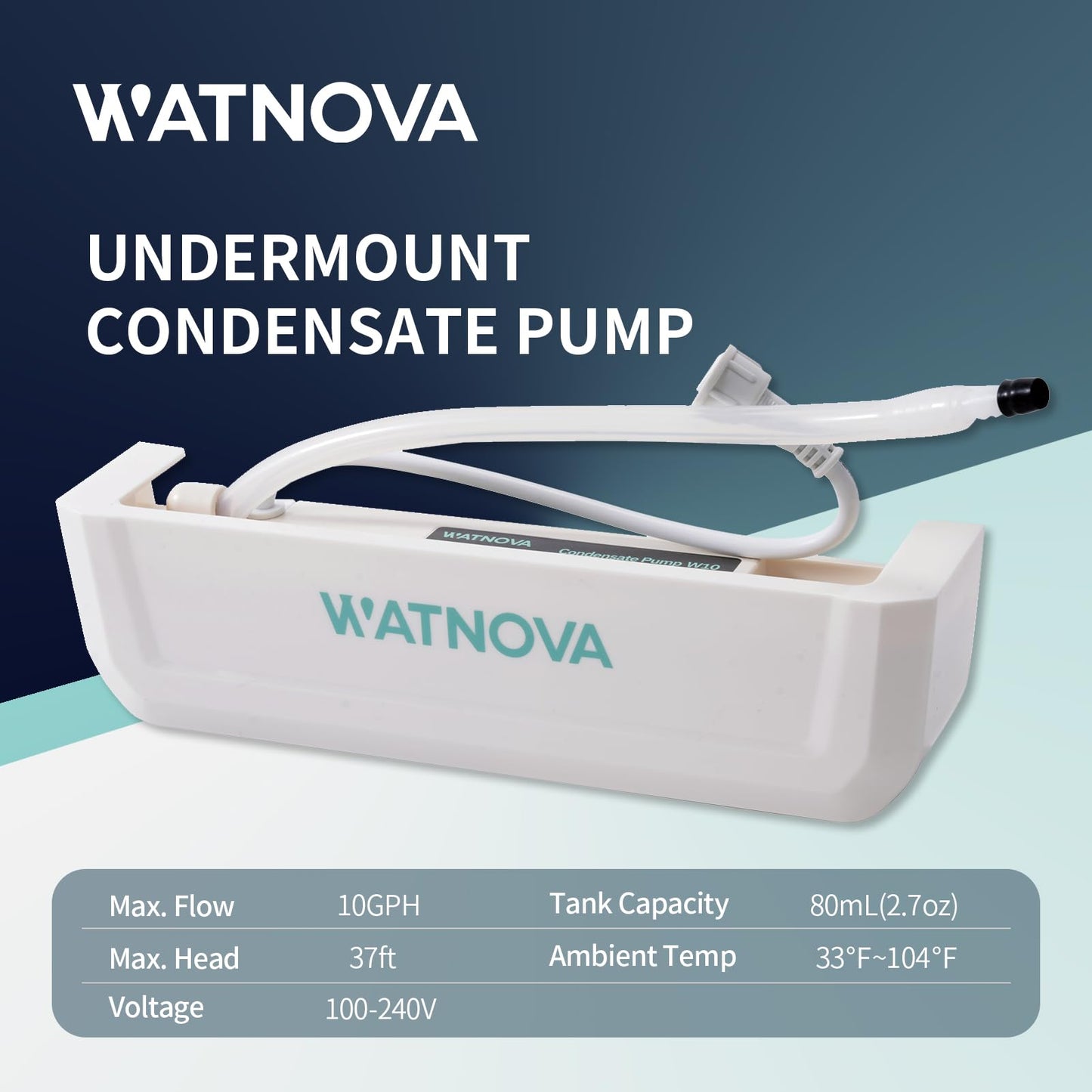 WATNOVA Undermount Mini Split Condensate Pump, Quiet 19 dB HVAC Drain Pump with Probe Sensor, 100-240V, 10 GPH, 37 ft Max Lift, Safety Switch for Wall-Mounted AC, Dehumidifier, Furnace