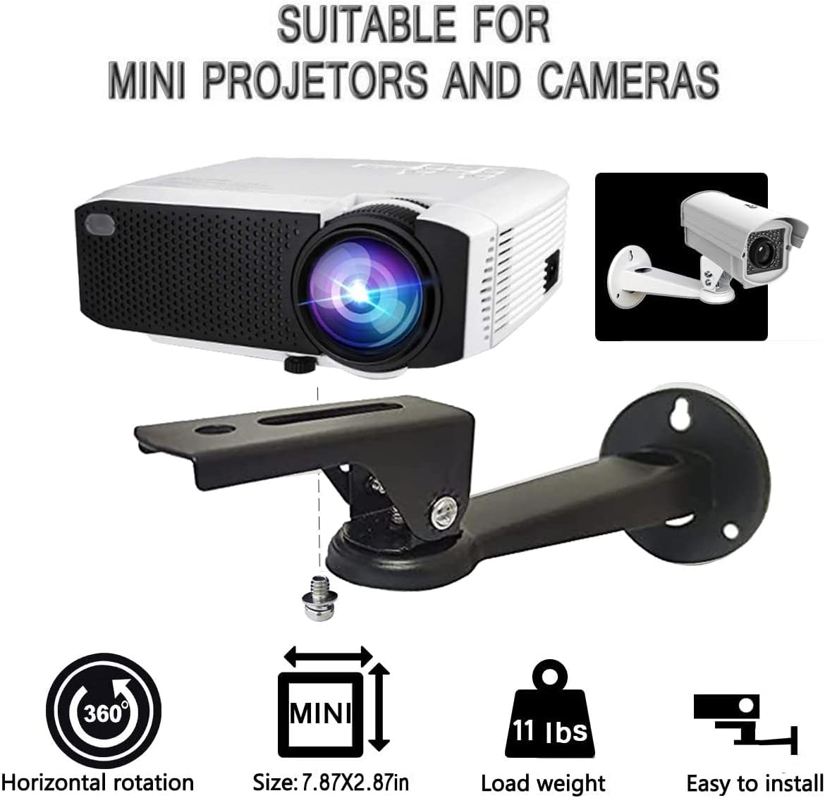 2-Be-Best 7.87" 7.8 lbs 360 Adjustable Projector Wall Mount, Length Load Rotation Stand for Video Projector Camera