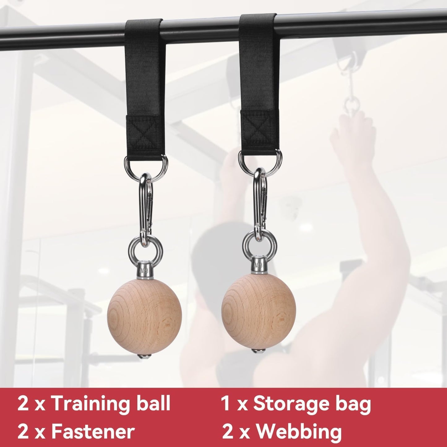 HERCHR Rock Climbing Training Pull Up Ball Hold Grips, Wooden Non-Slip Hand Grips Balls & Straps for Strength Training, Forearm and Chin Up Bar, Kettlebell, Barbell, Home Gym Workout