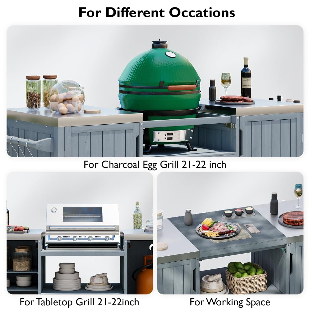 DFCHLDA 66.5" Outdoor Kitchen Island with Stainless Steel Top, Rolling Grill Cart with Adjustable Shelves, Lockable Wheels, Outdoor Table and Bar Storage Cabinet for Patio(Grey+Blue)