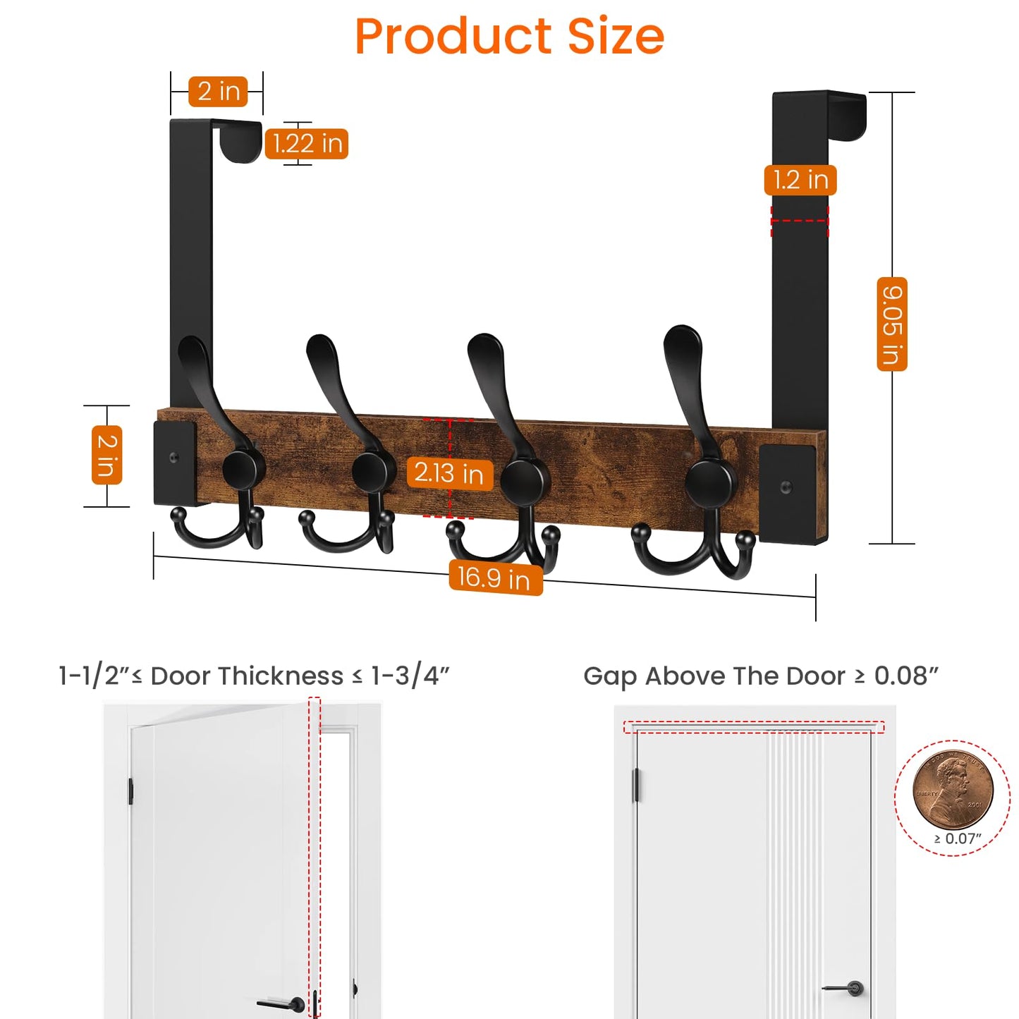 Homode Over The Door Hooks for Hanging, Heavy Duty Wood Over Door Hanger Hook, Over The Door Towel Coat Rack for Bathroom, Back of Door Hooks for Hanging Towels, Clothes, Hats, Rustic Brown Black