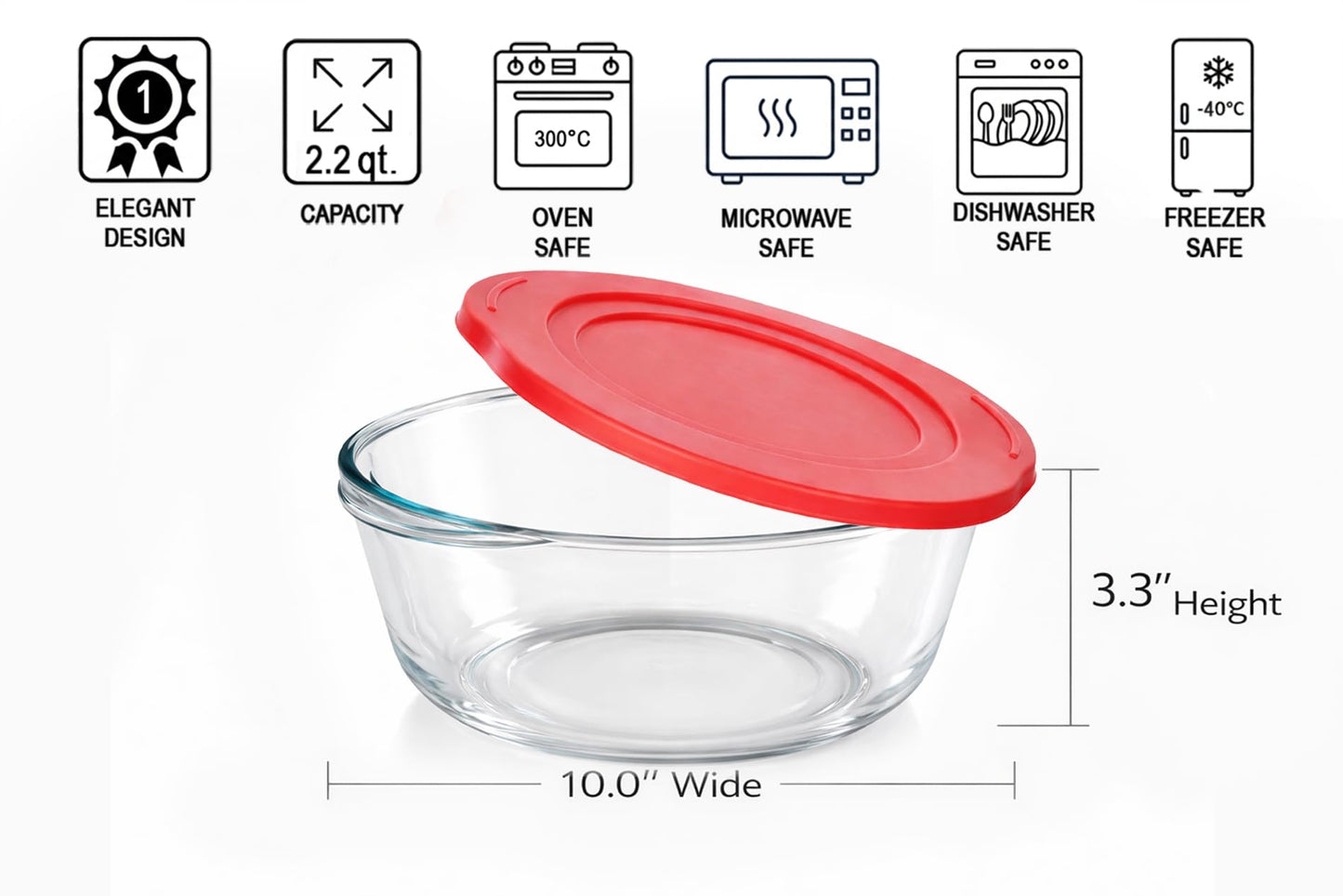 Ums 2.2 Quart Round Glass Baking Dish with Lid, Round Casserole Dishes for Oven with Lids, Borosilicate Glass Casserole Dish, Covered Casserole Dish with Lid, Food Storage Containers with Lids, Glass Storage Containers with Lids