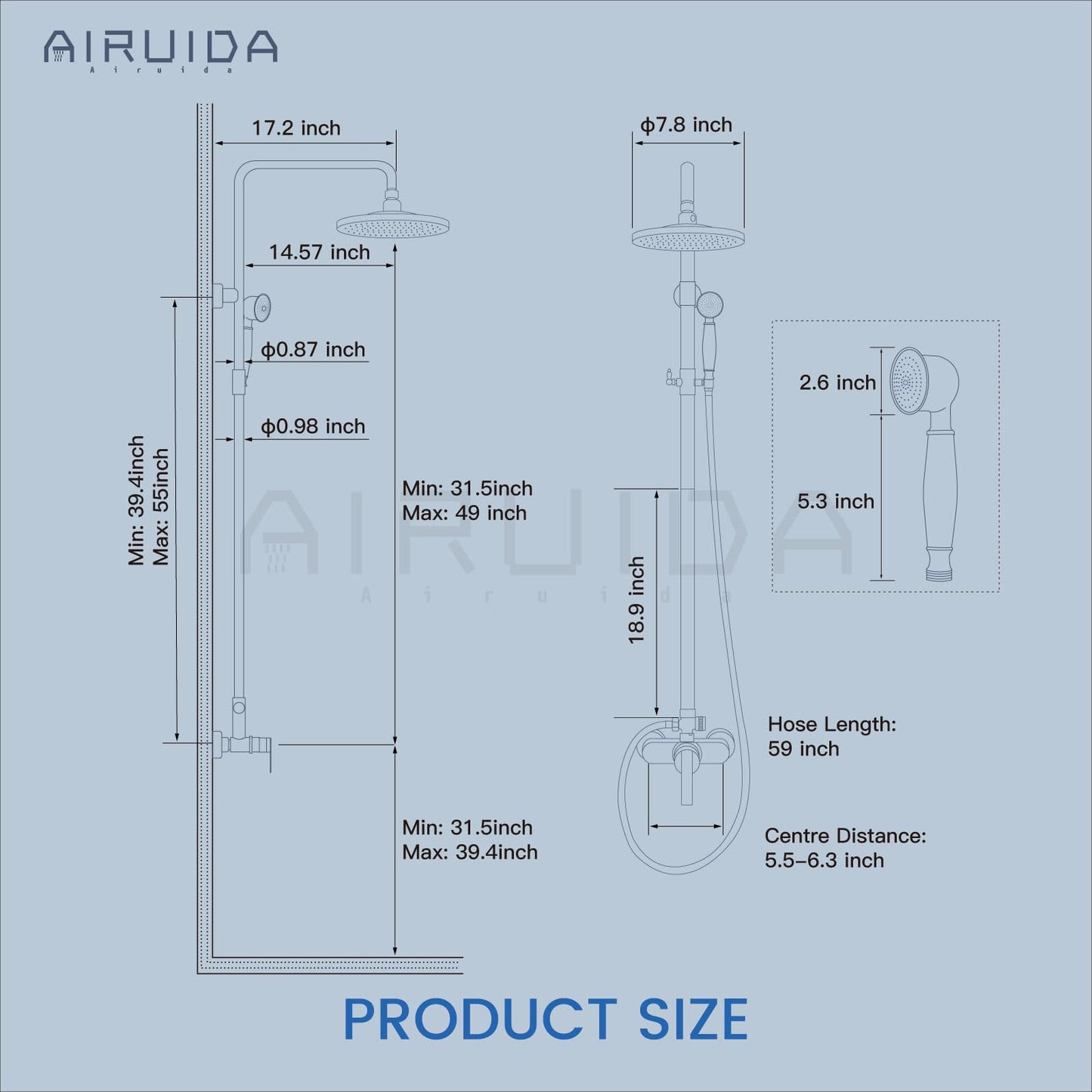 Airuida Exposed Shower System, 8 Inch Rainfall Shower Head with Handheld Spray, Single Handle Wall Mount Shower Faucet Set, Solid Brass Dual Function Exposed Pipe Fixture for Bathroom,Antique Brass