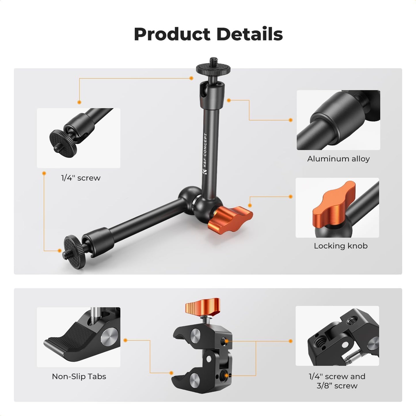 K&F CONCEPT 9.8" 1/4" 3/8" 360 Magic Arm Clamp Kit with & Thread Screw Ball Heads Articulating Magic Arm with Tripod