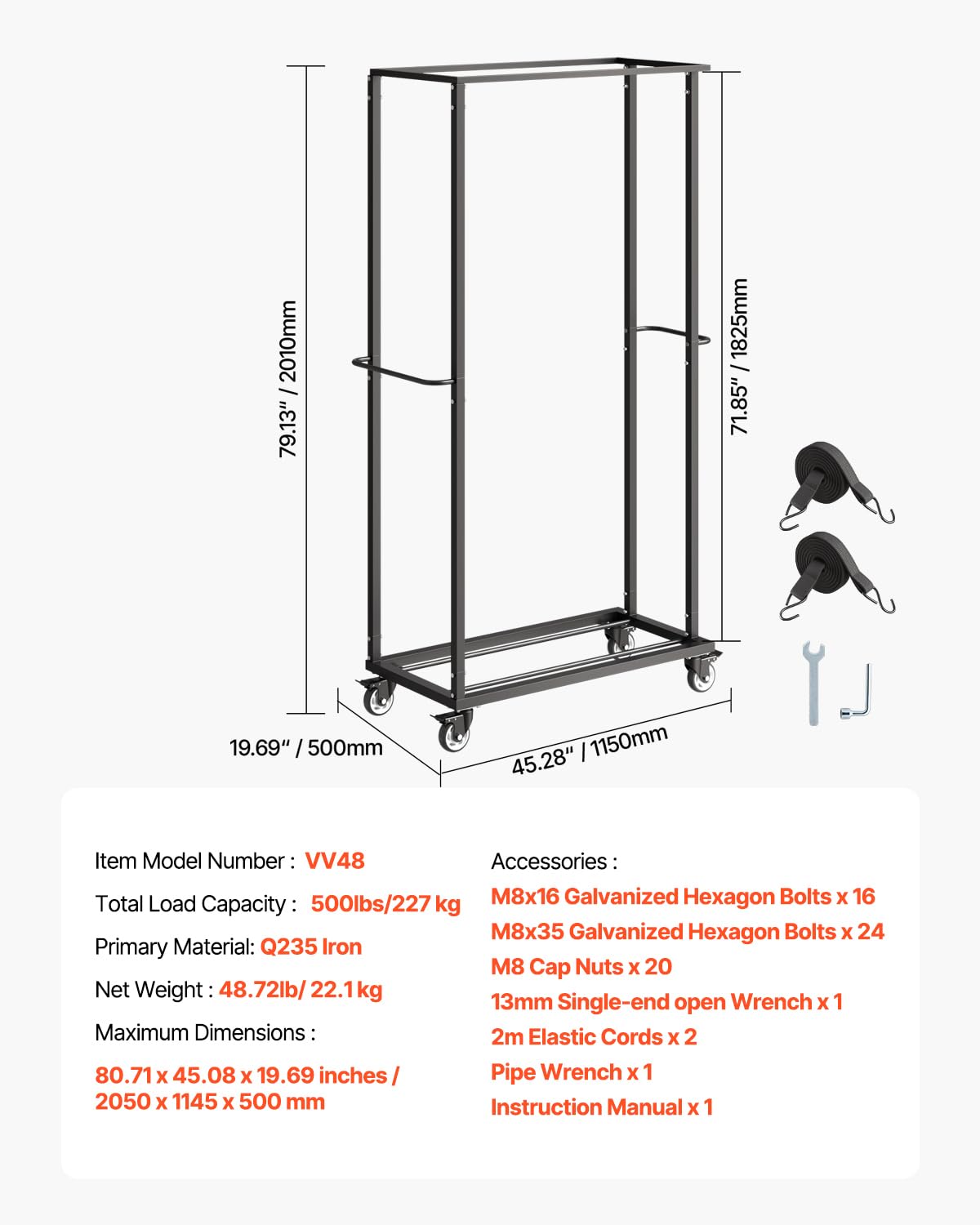 VEVOR Folding Chair Rack, 500 LBS Capacity, Heavy-Duty Chair Cart for 60 Chairs, Metal Chair Storage Dolly Chair Holder with Swivel Casters and Locking Wheels, for Party Event,Hotel,Matte Black