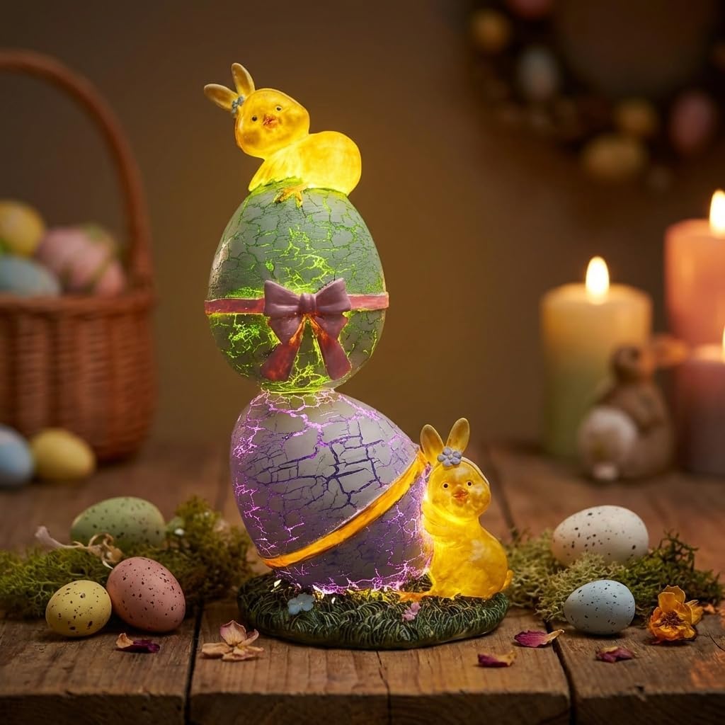 Skiennix Lighted Easter Eggs Figurines - Cute 6.5" H Purple & Green Resin Statues for Spring Decor