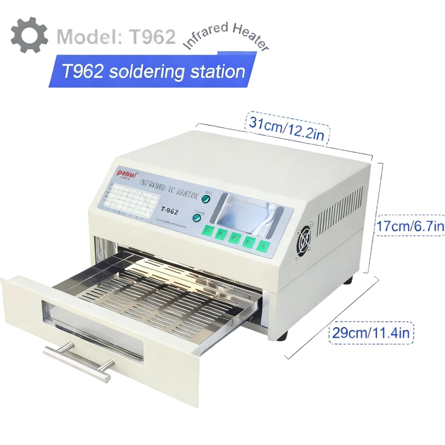 T962 110V 800W Mini Automatic Infrared Reflow Oven - Intelligent IC Heater and Reflow Soldering Station, 7.08×9.25 Inch Soldering Area, Compatible with CHIP/SOP/BGA/PCB Chips/Aluminum Substrates