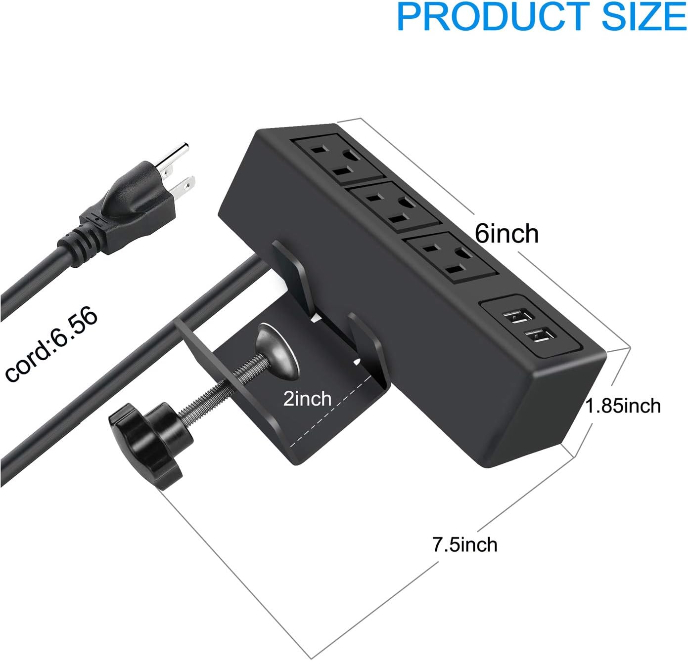 CCCEI 3 1200J. 125V 12A 1500W. Outlet Desk Clamp Power Strip with USB Ports, Desktop Power Strip Surge Protector Table
