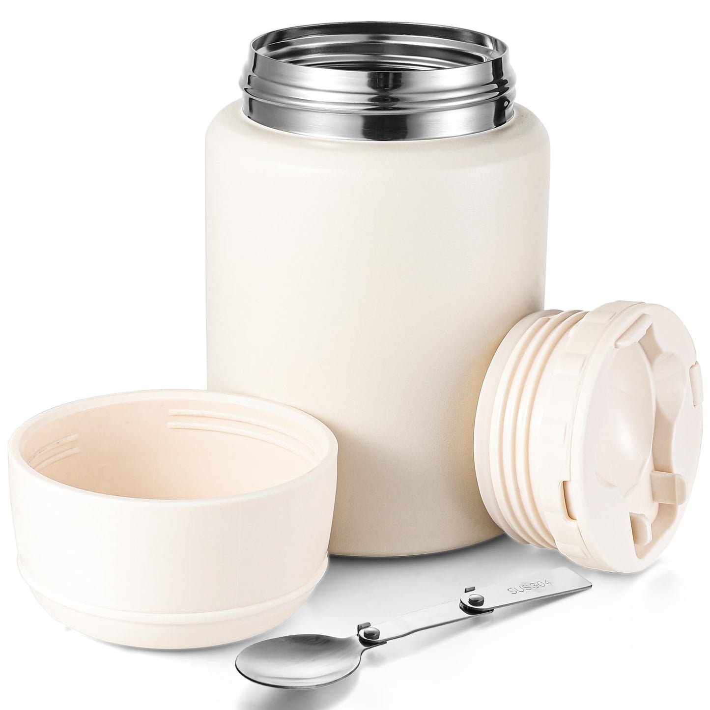 zeeooil Insulated Food Jar 17oz Thermos for Hot Food Stainless Steel Lunch Container with Spoon Leakproof Soup Thermo for Travel (White)