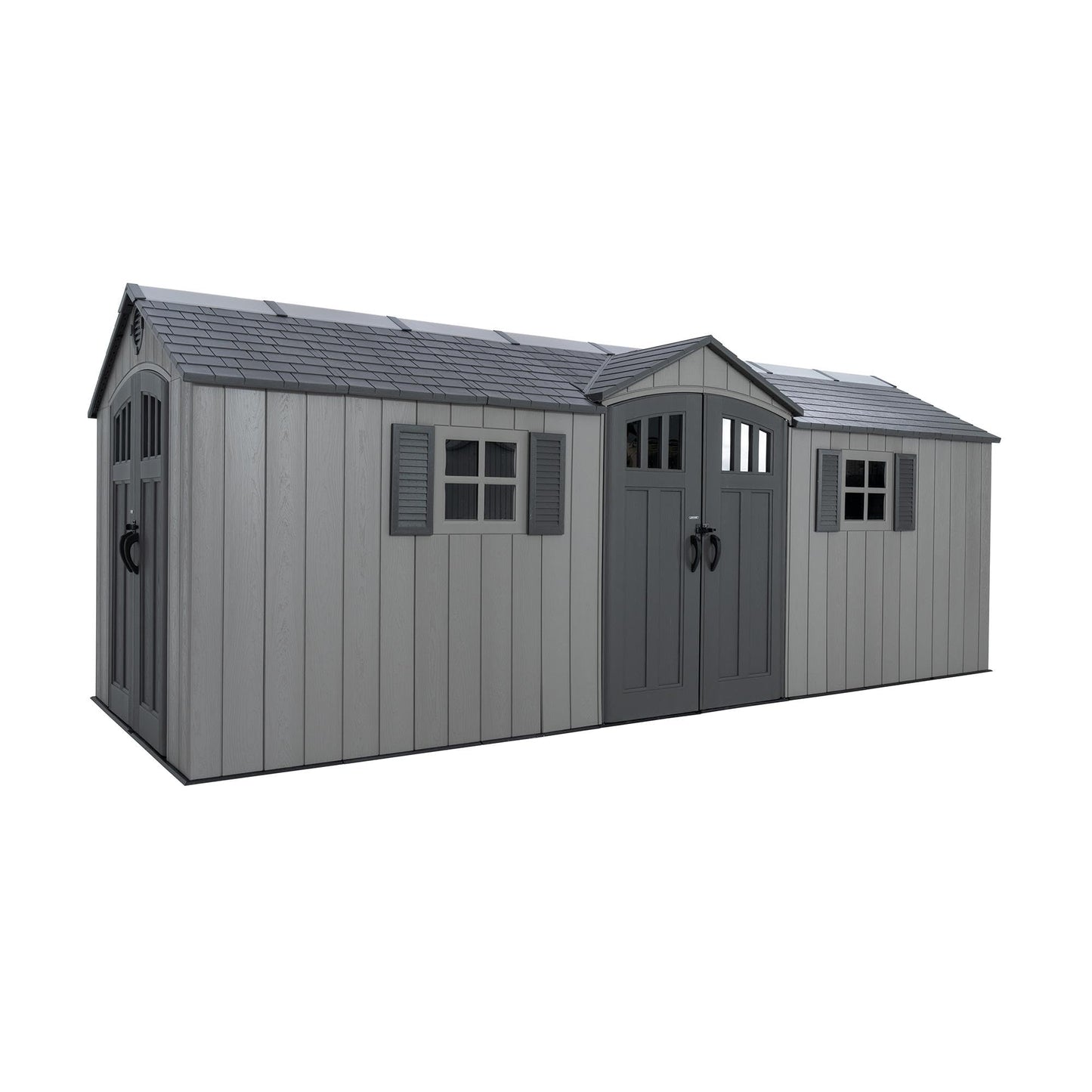 Lifetime 20x8 Ft Outdoor Storage Shed, Gray HDPE Construction, Steel-Reinforced Walls, Dual-Entry Design with Lockable Doors, Skylights, Adjustable Shelving System, Snow Load Kit Included