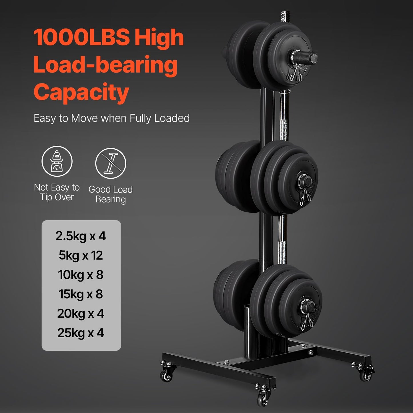 VEVOR Weight Plate Rack, Vertical Weight Plate Tree for 2-Inch Weight Plates, Standard Weight Plate Tree with Wheels, 1000 lbs Load Capacity Weight Storage Holder, Home Gym Barbell Rack Storage Stand