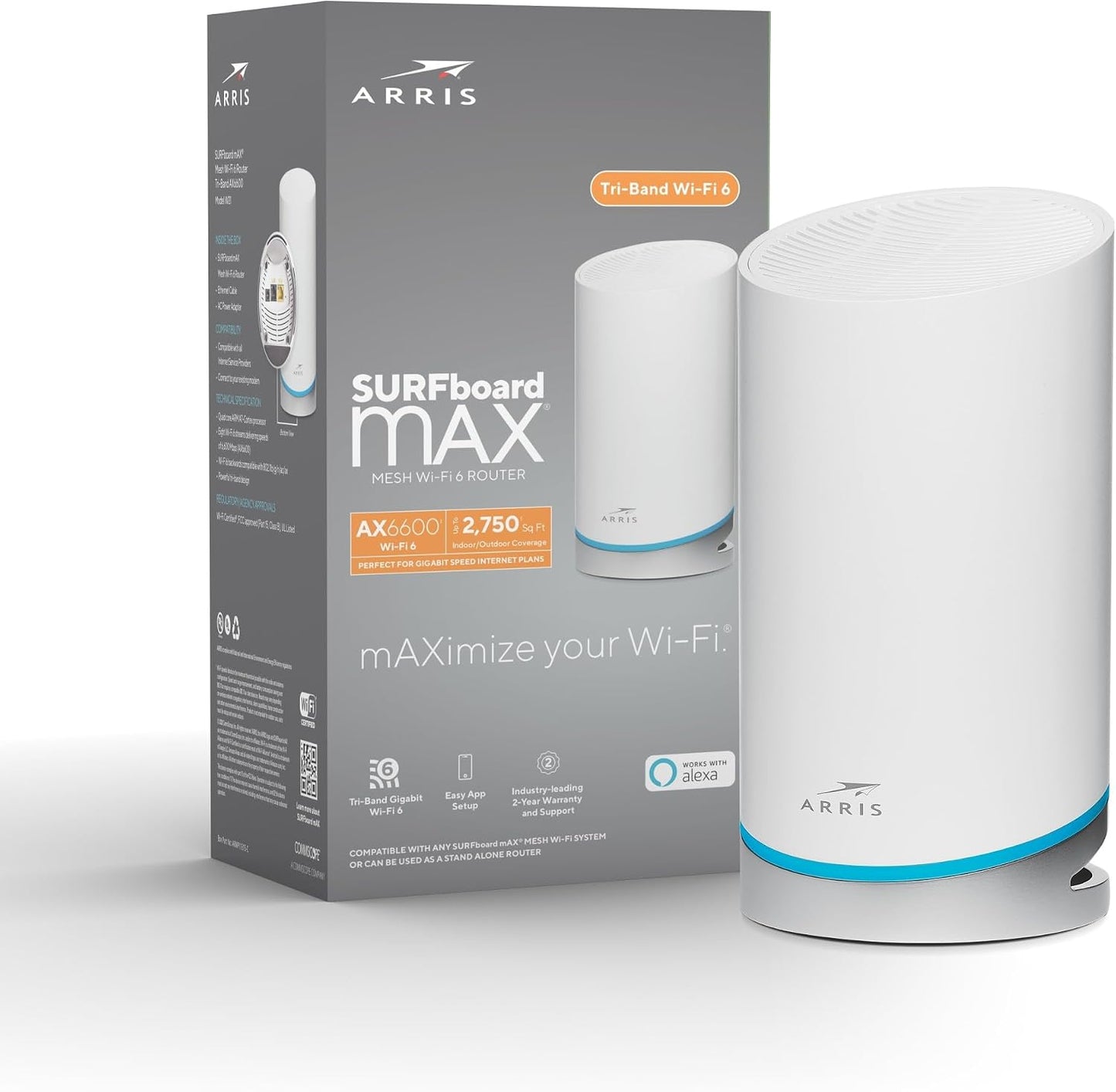 ARRIS W21 6 AX6600 6.6 2,750 1 Surfboard mAX Tri-Band Mesh Ready WiFi Router, Speeds up to Gbps, Coverage of sq ft