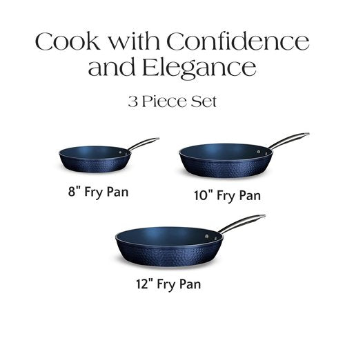 Luxurious Non-Stick Ceramic 3 Piece Blue Hammered Cookware Set, Lightweight, Scratch-Resistant, Dishwasher Safe, Oven Safe up to 500°F, Suitable for All Stove Types