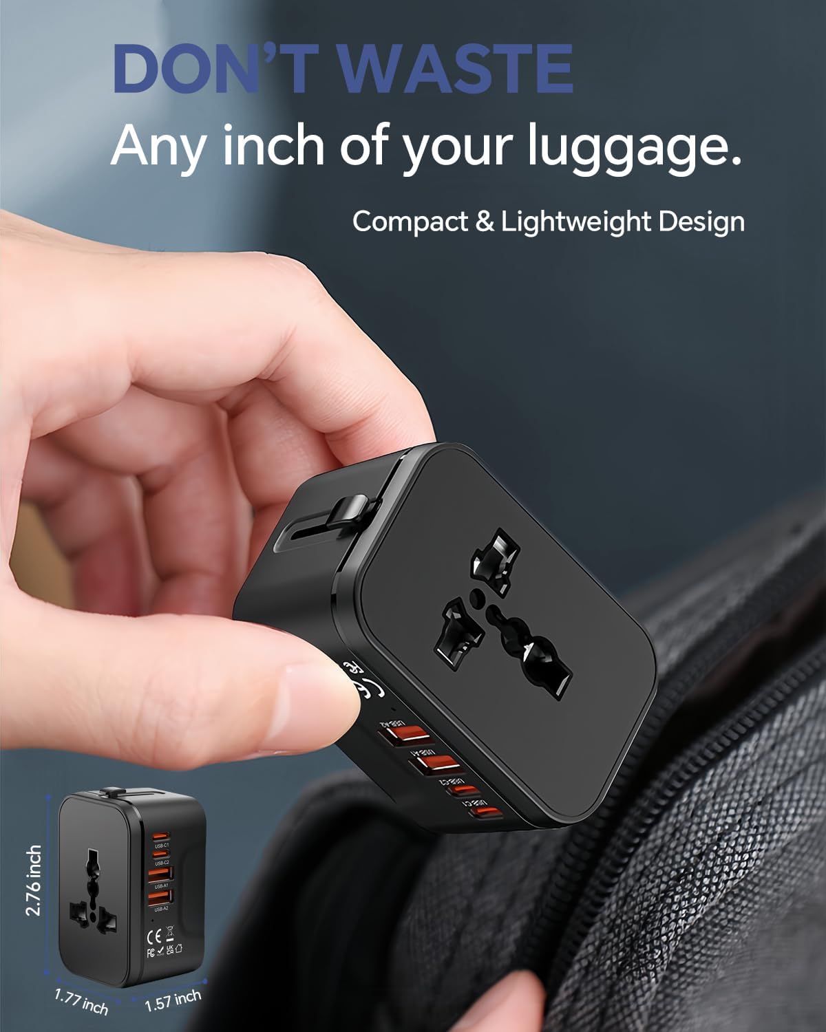 MINGTONG 2 PD20W 2 QC18W Universal Travel Adapter with USB-C & USB-A Ports, Fast Charging International Power Plug