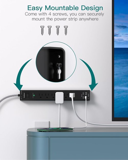 Addtam Surge Protector Power Strip - 6 AC Outlets & 4 USB Ports, 1875W Flat Plug for Home & Office