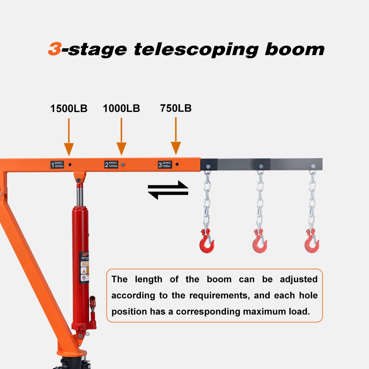 Rugcel 1500 lb Stretchable Receiver Hitch Mounted Hydraulic Swivel Pickup Truck Crane, with Three Boom Capacities of 750 lb, 1000 lb and 1500 lb (Hitch Crane 1500LB)