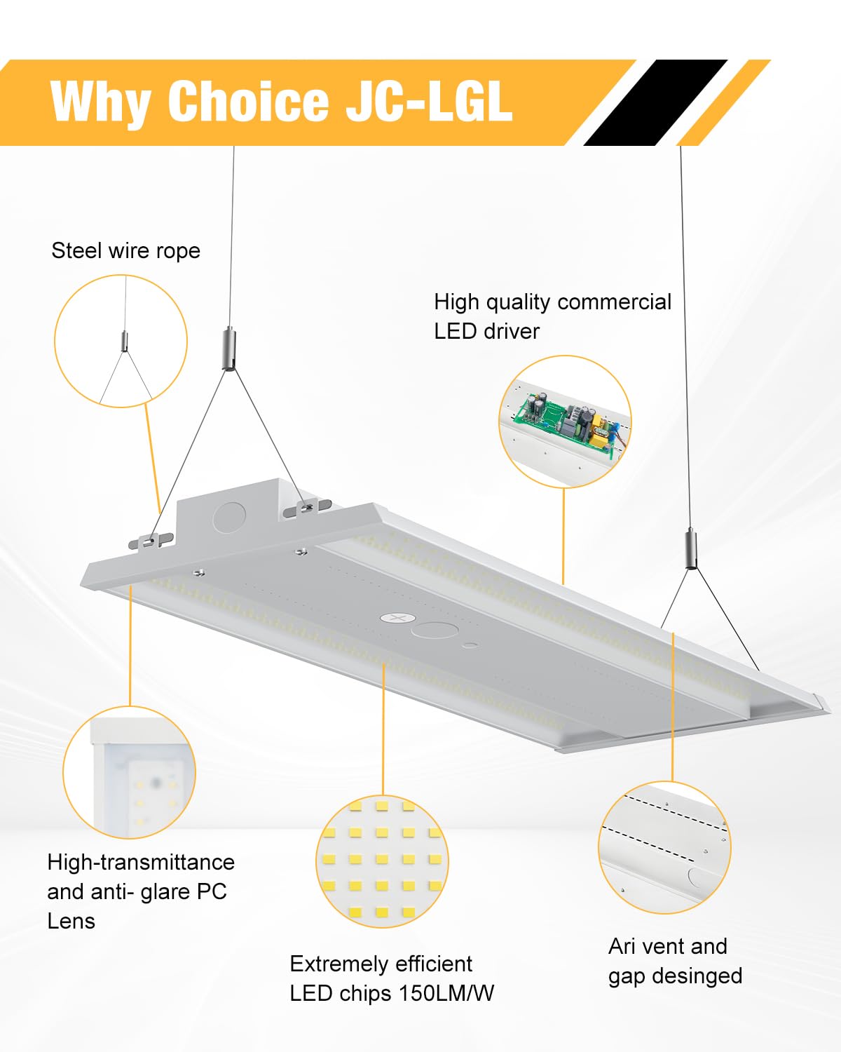 JC-LGL LED Linear High Bay Light, 210W High Bay Shop Lights Fixture, Compatible with Industrial 120-277V, 31500LM Linear High Bay Light for Shop Garage Warehouse, UL Complied, 4 Pack, White