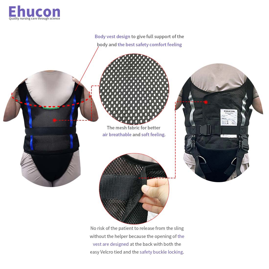 Ehucon Comfort Padded Patient Lift Walking Sling,Portable Standing Harness to People/Handicap for Ambulating Support Training,500 lbs Safety Loading-Large Size