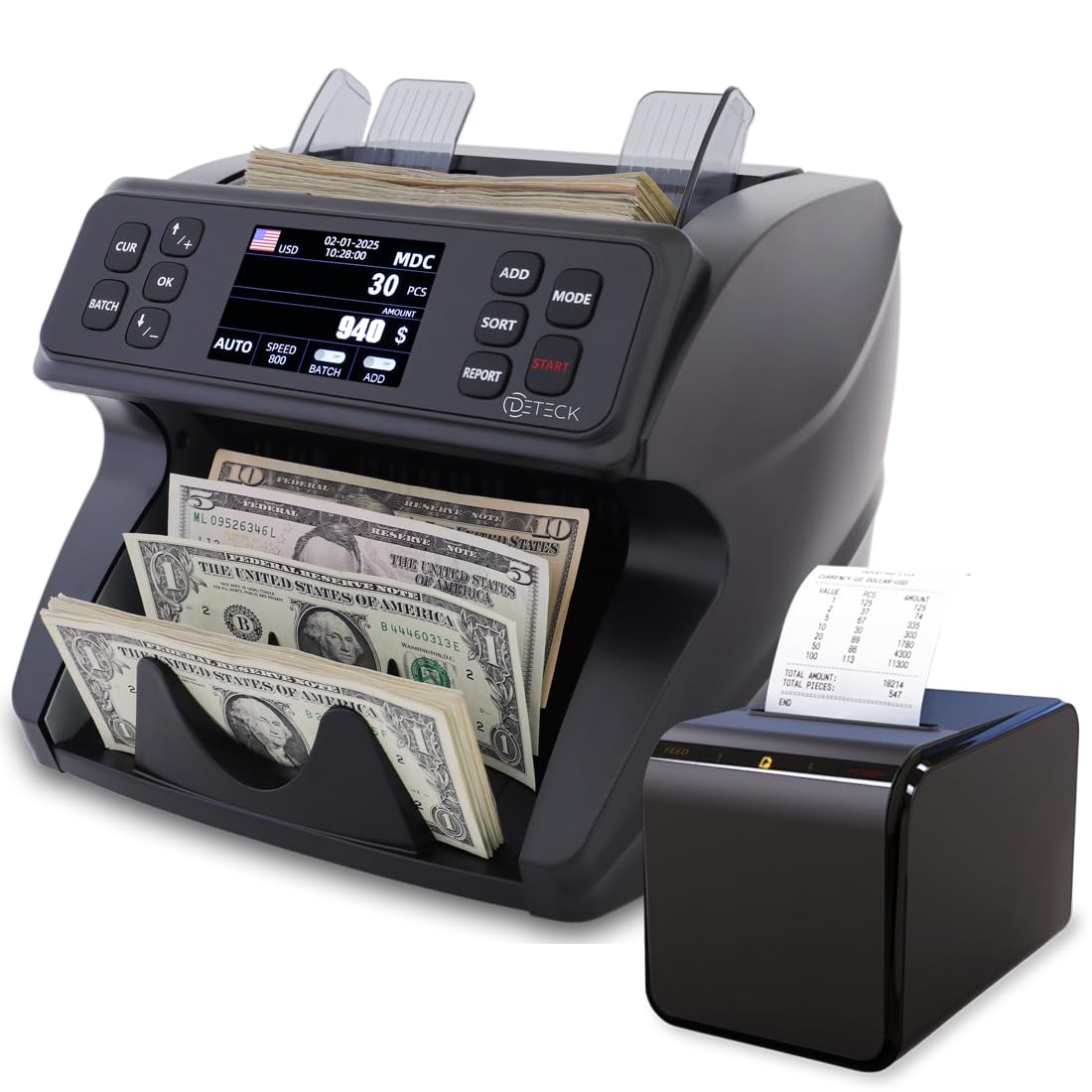 DETECK DETECK DT600 Bank Grade Money Counter Machine Mixed Denomination, Multi Currency Value Counting Money Machine, Serial Number, 2CIS/UV/IR/MG/MT Counterfeit Detection with DT50P Printer