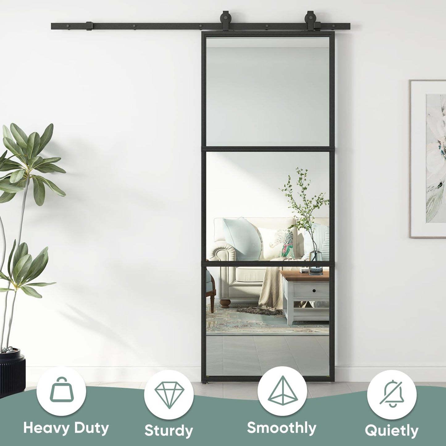 JUBEST 42in x 96in Glass Barn Door, Clear Tempered Glass Carbon Steel Pre Drilled Frame Sliding Barn Door Panel with 7FT Hardware Kit and Soft Close, Easy to Install
