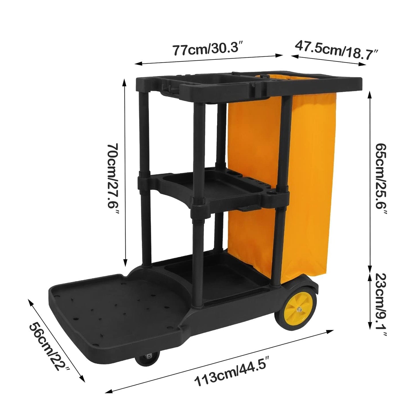 tonchean 3-Tier Janitorial Cart with 25 Gallon Vinyl Bag, Rolling Housekeeping Cleaning Cart, Large Capacity Utility Trolley for Business, School and Office