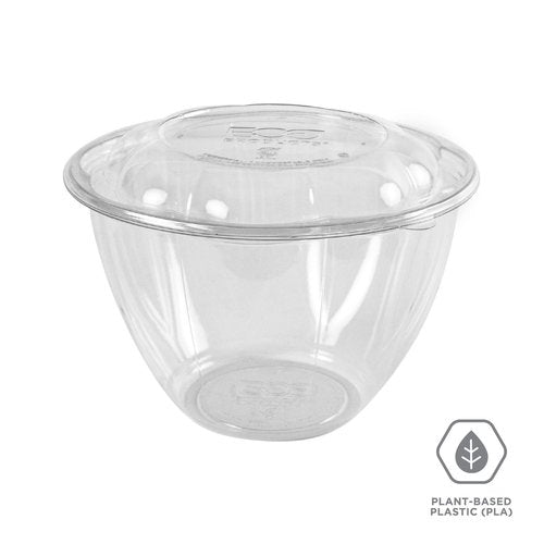 Eco-Products Compostable 48oz Clear PLA Plastic Large Salad Bowl With Lid, Case of 150, Grab 'n' Go Round Cold Takeout Food Containers, Renewable Plant-Based, Disposable, ASTM Compliant, BPI-Certified