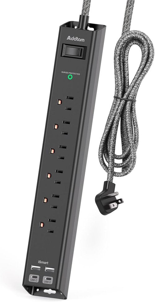 Addtam Surge Protector Power Strip - 6 AC Outlets & 4 USB Ports, 1875W Flat Plug for Home & Office