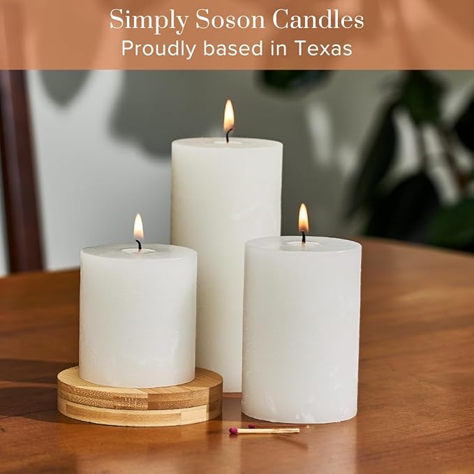 Simply Soson 3x6 inch White Pillar Candles Set of 3, Rustic Texture, Unscented White Candles, Dripless Candles, 3 inch Pillar Candles Ideal as Wedding, Parties, Spas, Dinner, Home Decoration, Church