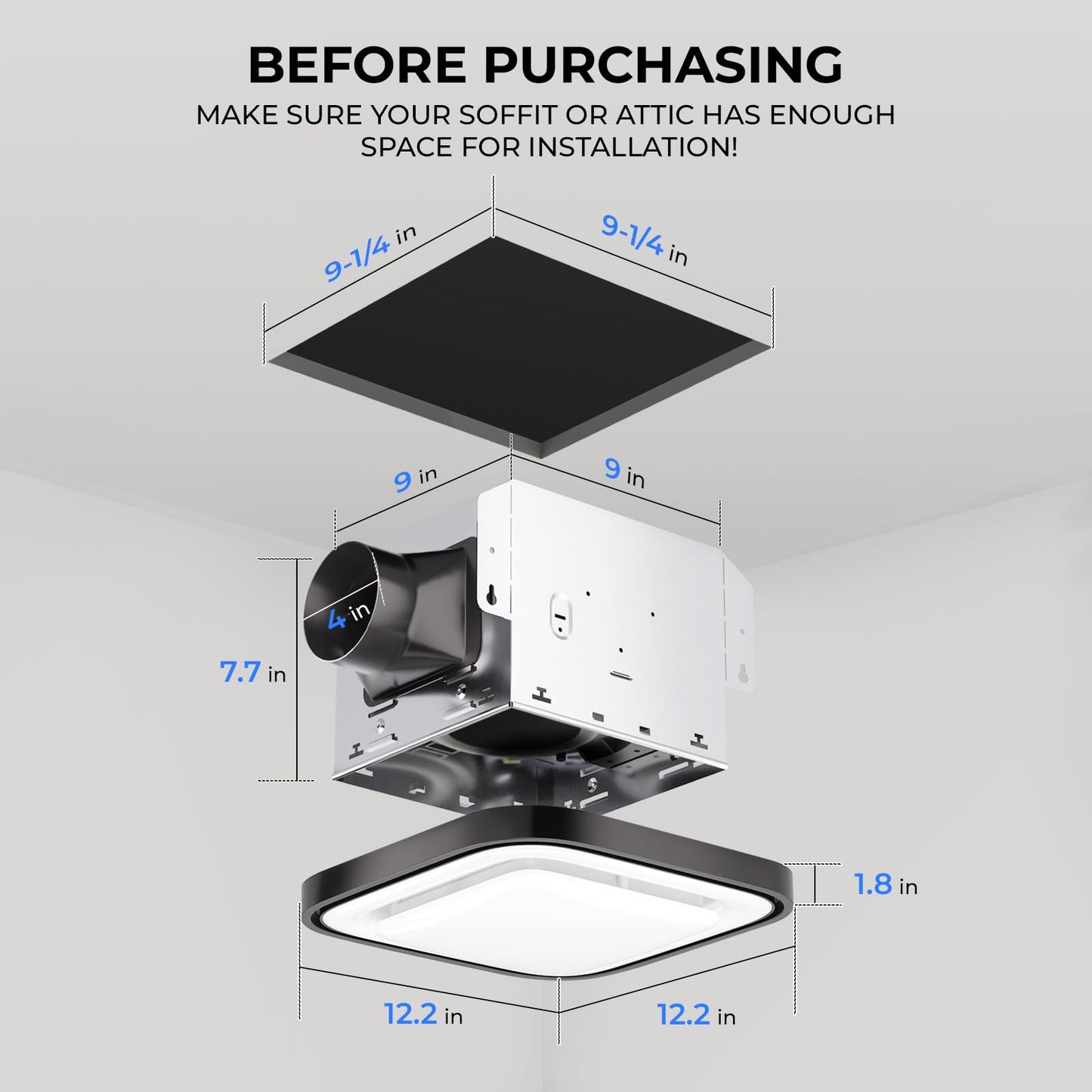 Akicon Bathroom Exhaust Fan with RGB LED Light, 110 CFM 1.5 Sone Ultra Quiet Bathroom Vent Fan for Ceiling, 3CCT Dimmable Light & Nightlight, Remote Control, Square (Black)