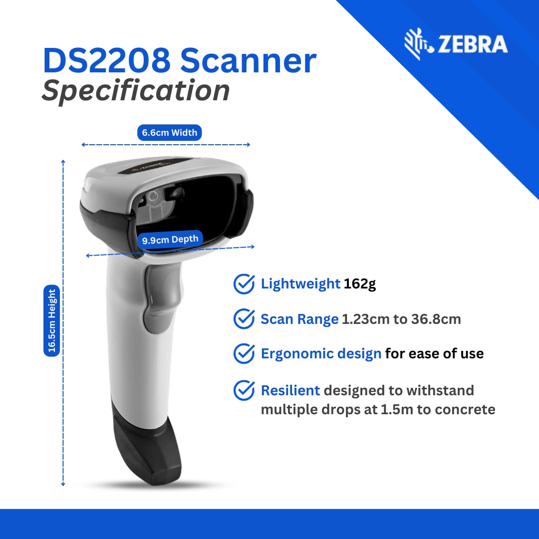 Zebra DS2208 Handheld Barcode Scanner w/Stand | 1D 2D QR Code Scanner |Easy Setup | Corded with Shielded USB Cable